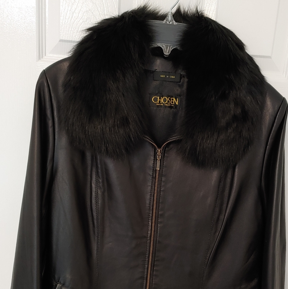 Black leather and fox fur jacket